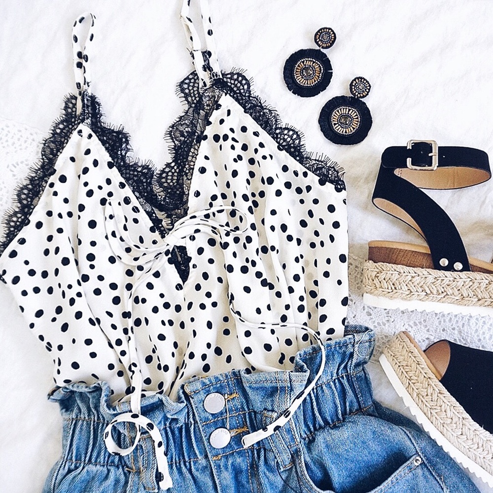 NEW! Polka Dot Scalloped Mesh Lace Silk Top - Picture 7 of 7